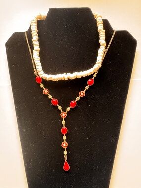 2 PCS Vintage Necklace Set Red Statement Y Necklace & White Beaded Strand
